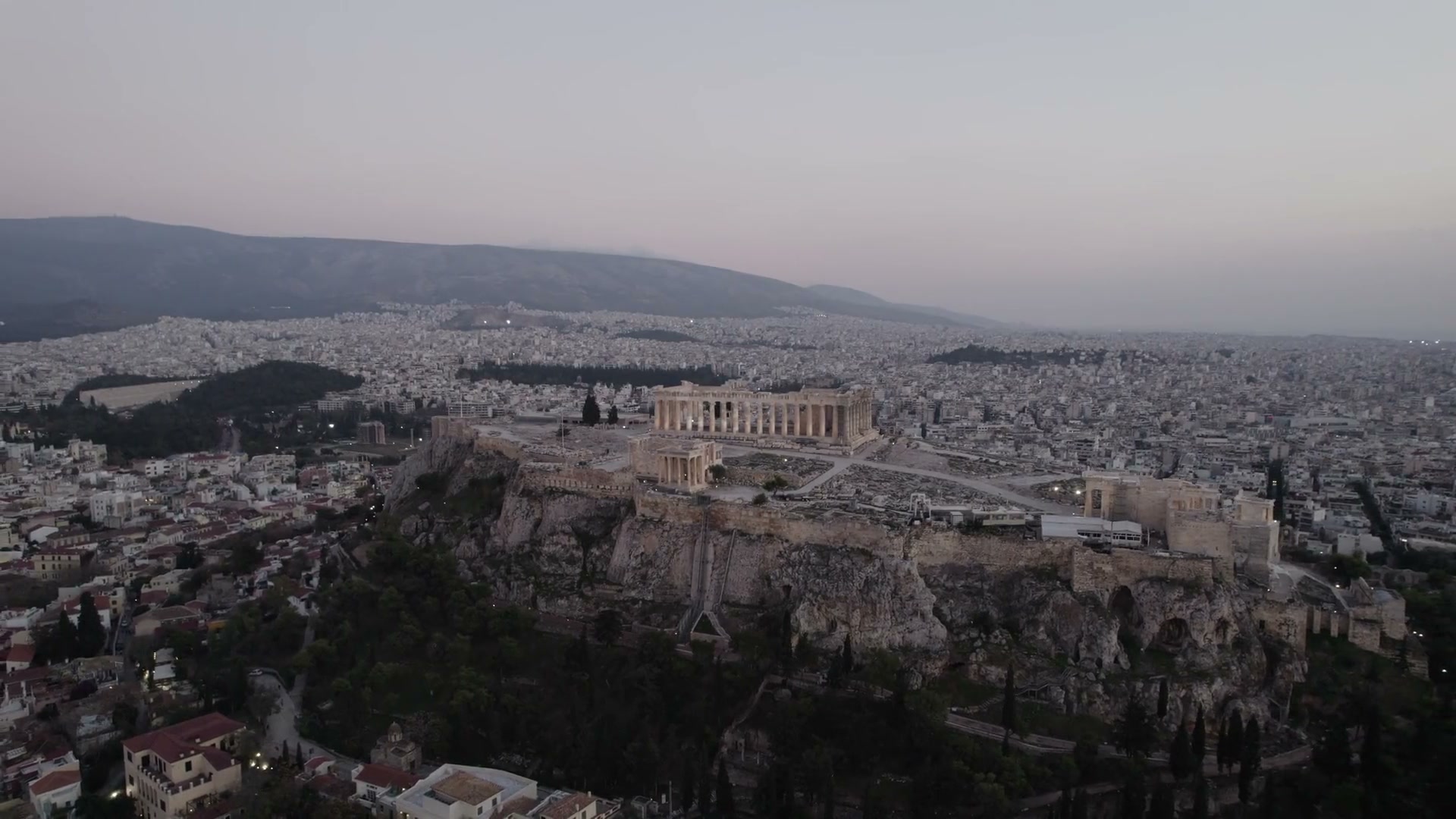 Aerial view of the Acropolis of Athens at dusk